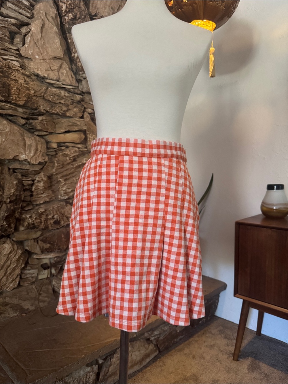 Free People Orange Gingham Flared Mini Skirt - Women - Never Worn